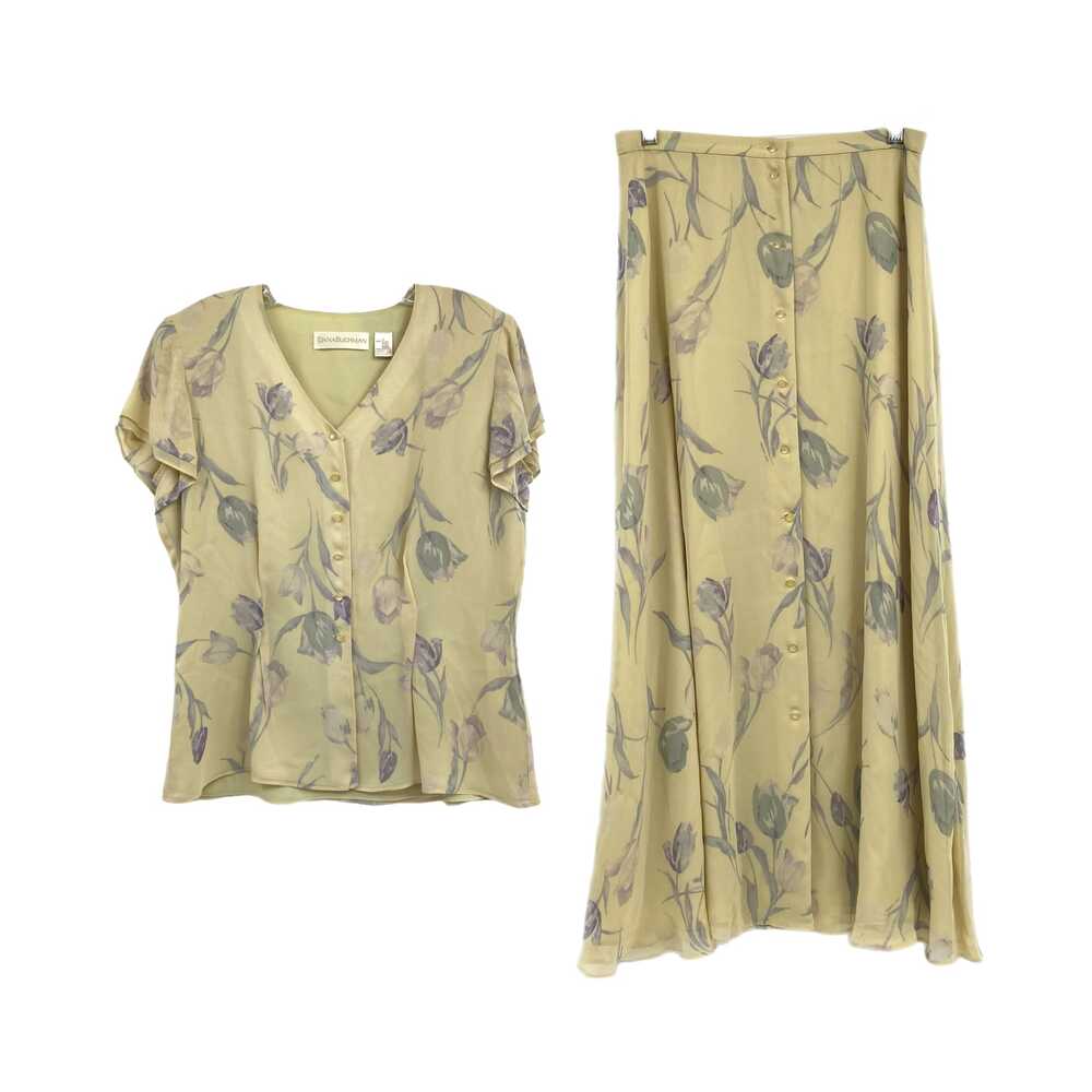 Dana Buchman Yellow Purple Floral Blouse and Maxi Skirt Set | Regular Size 8